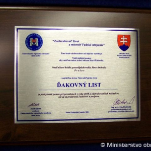 Ďakovný list za poskytnutú pomoc pri povodniach