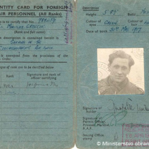 Identifikačná karta M. Grofčíka ako príslučníka čs. perutí RAF z roku 1942